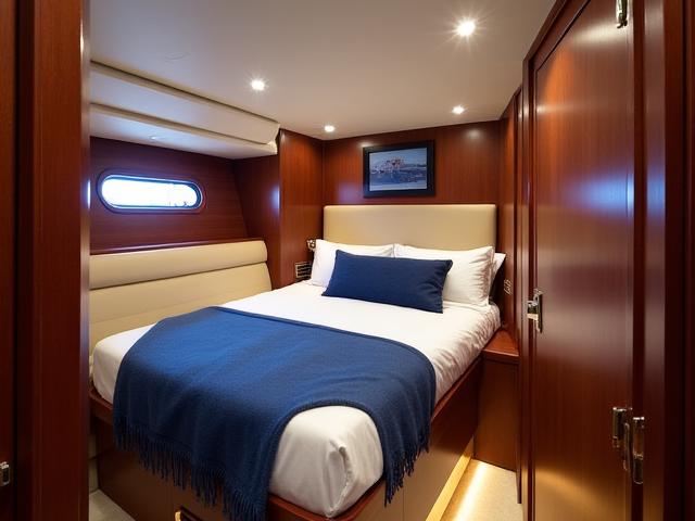 Cabina di barca rivestita con materiali nautici di lusso